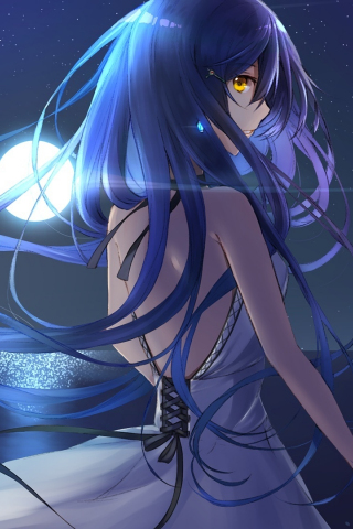 Night out, anime girl, blue long hair, 240x320 wallpaper