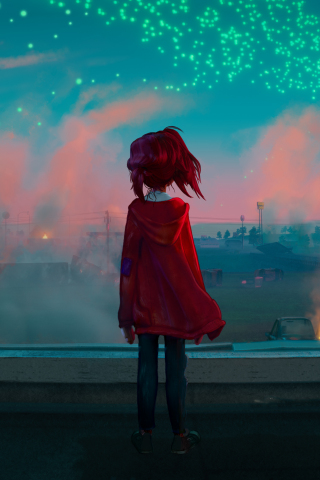 Little anime girl, lost girl, cityscape, art, 240x320 wallpaper