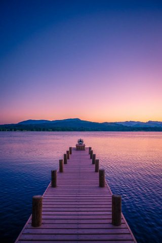 Calm pier, lake, sunset, 240x320 wallpaper