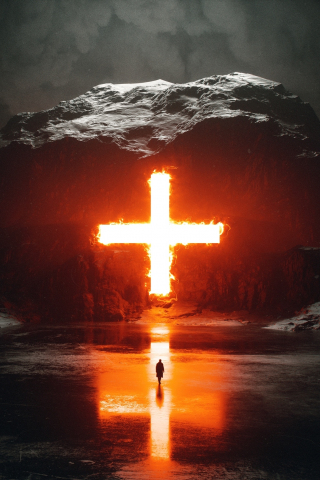 Surreal, cross, mountain and man, 240x320 wallpaper