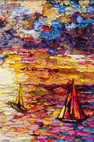 Sea, ships, sunset, colorful, artwork, texture, 240x320 wallpaper
