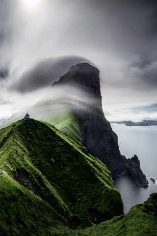Coast, Faroe Islands, Lighthouse, mountain cliff, 240x320 wallpaper