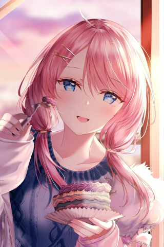 Cute, anime girl, beautiful, eating cake, 240x320 wallpaper