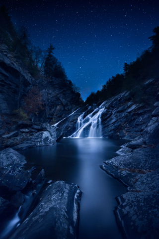 Waterfall, starry sky, night, current, stones, 240x320 wallpaper