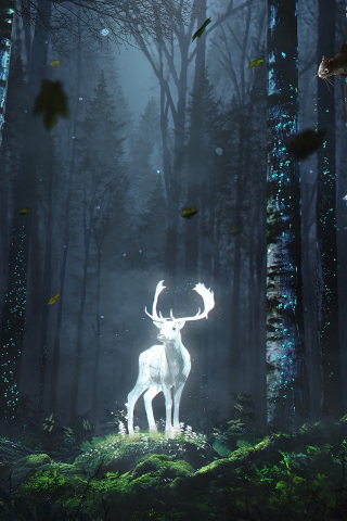 Forest, wild deer, glow, fantasy, art, 240x320 wallpaper