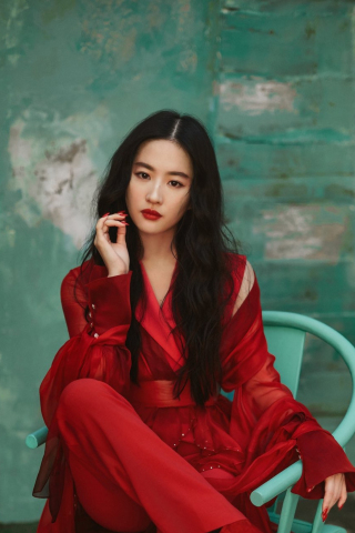 Red Dress, Yifei Liu, beautiful actress, 2020, 240x320 wallpaper