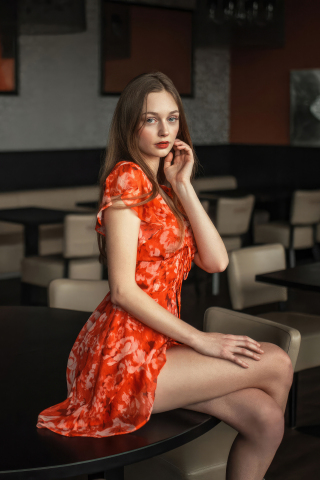 Brunette, orange skirt, pretty girl, 240x320 wallpaper