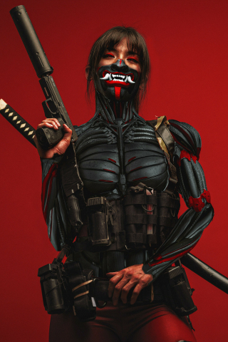 Cyberpunk ninja, with katana & gun, art, 240x320 wallpaper