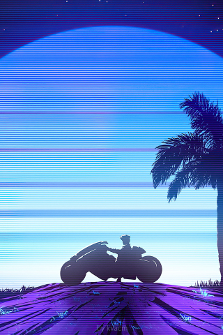 Retrowave, biker, palm tress, art, 240x320 wallpaper