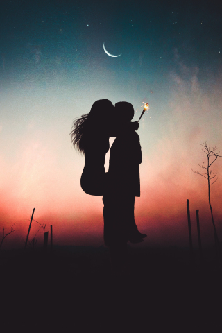Couple, lovers, kiss, romance, sunset, 240x320 wallpaper