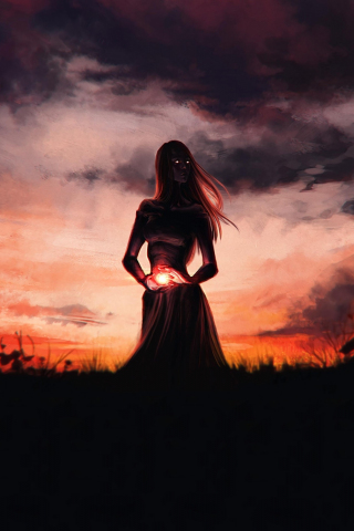 Glowing eyes, fantasy, girl, outdoor, sunset, silhouette, 240x320 wallpaper