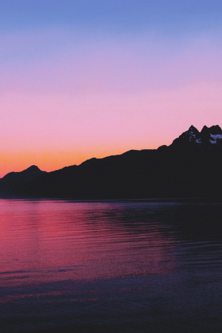 Silhouette, mountains, coast, sea, sunset, 240x320 wallpaper