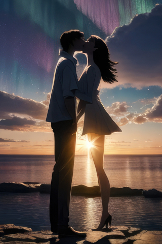 Couple's kiss, at the coast, sunset, art, 240x320 wallpaper
