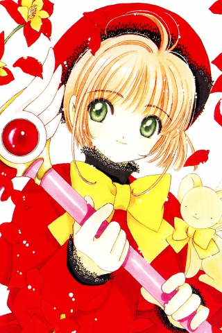 Red flowers, anime girl, green eyes, sakura kinomoto, 240x320 wallpaper