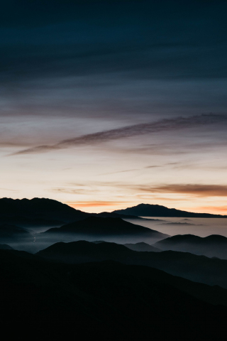 Mountains, sunset, fog, Dawn, horizon, skyline, aerial view, 240x320 wallpaper