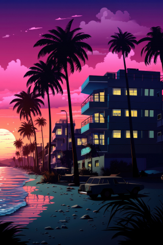 Hues of Miami beach, sunset, glowing night, digital art, 240x320 wallpaper