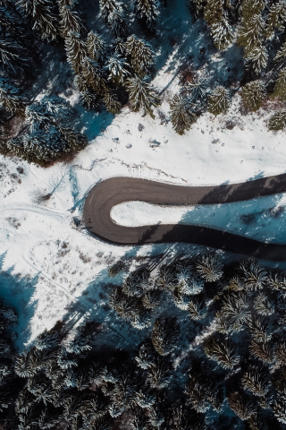 Aerial view, road's turn, tree, forest, winter, nature, 240x320 wallpaper