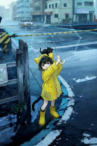 Cute anime girl, elf girl in rain, art, 240x320 wallpaper