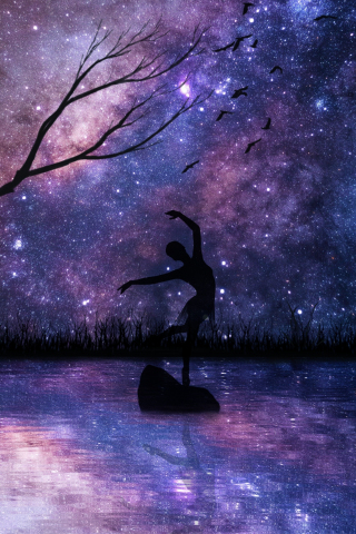 Starry night, girl dance, silhouette, art, 240x320 wallpaper
