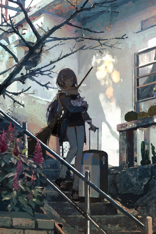 Stair, walk, anime girl, original, art, 240x320 wallpaper