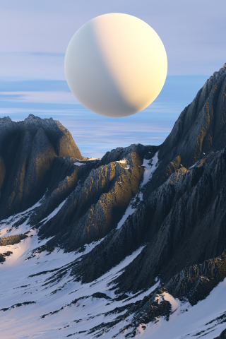 Rocky Mountains, 3D white moon, planet, illustration art, 240x320 wallpaper