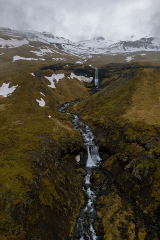 Waterfall, stream, green, Iceland, 240x320 wallpaper