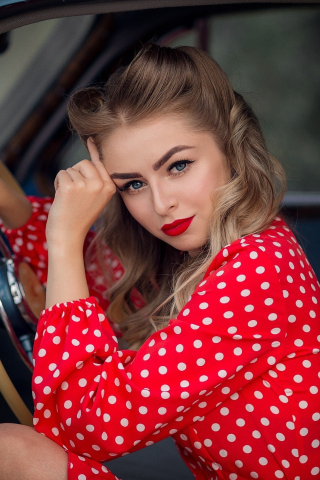 Red dress, woman model, pretty, blonde, 240x320 wallpaper