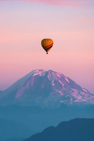Air balloon flight, mountain, sunset, clean sky, 240x320 wallpaper