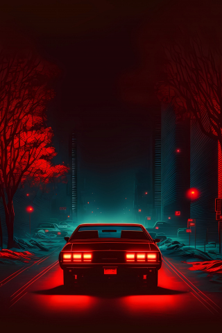 Red car on road, dark and minimal, digital art, 320x480 wallpaper