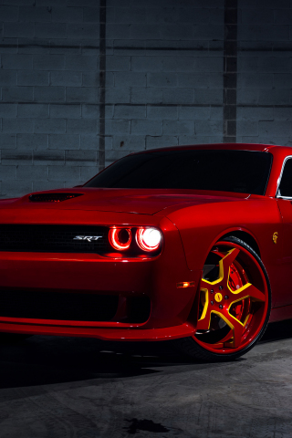 Red, Dodge Challenger SRT Hellcat, flashlight, 320x480 wallpaper