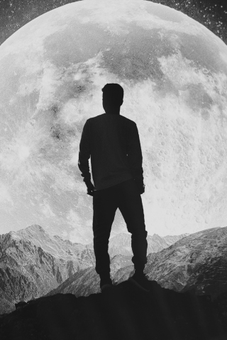 Moon, silhouette, alone, explorer, man, mountains, 240x320 wallpaper