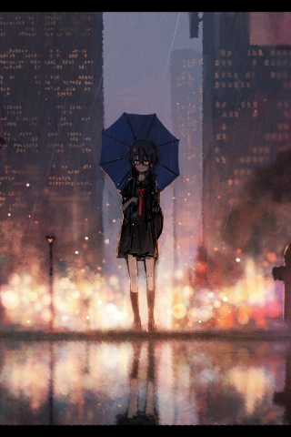 Girl, anime, outdoor, rain, cityscape, original, 240x320 wallpaper