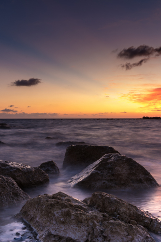 Sea, sunset, rocks, sky, 240x320 wallpaper