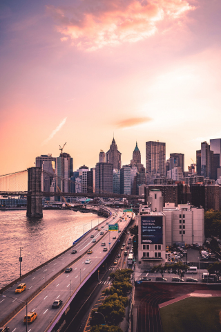 Manhattan Bridge, New York, city, buildings, susnet, 240x320 wallpaper