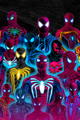 Spider-verse, all superhero, neon art, 240x320 wallpaper