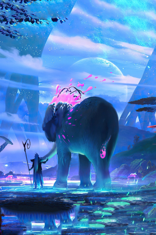 Fantasy, another world, elephant and master, 240x320 wallpaper