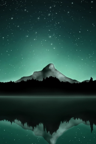 Mountain, summit, starry sky, lake, reflections, art, 240x320 wallpaper