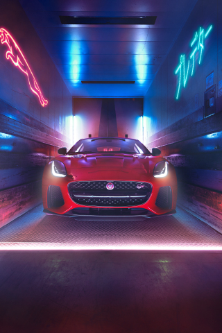 Neon lights, Jaguar F-Type, sports, luxury vehicle, 240x320 wallpaper