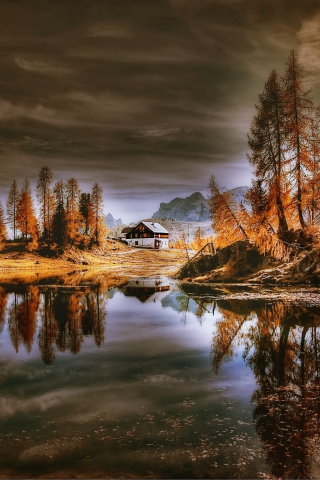 Dolomites, lake, reflections, house, nature, 240x320 wallpaper