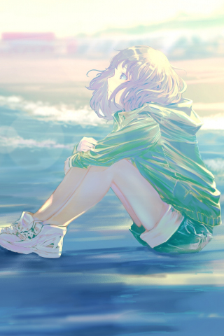Sea shore, anime girl, art, 240x320 wallpaper