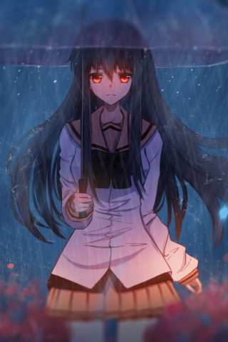 Anime girl in rain, with umbrella, art, 240x320 wallpaper