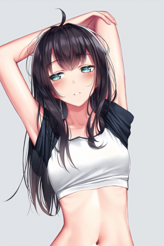 Arms up, cute, anime girl, green eyes, 240x320 wallpaper