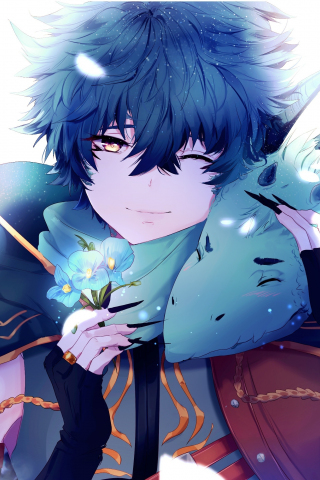 Anime boy, dragon, blue flowers, original, artwork, 240x320 wallpaper