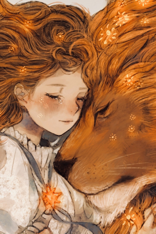 Lion and girl, fantasy, artwork, 240x320 wallpaper