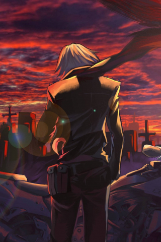 Anime boy, bike, sunset, graveyard, 240x320 wallpaper