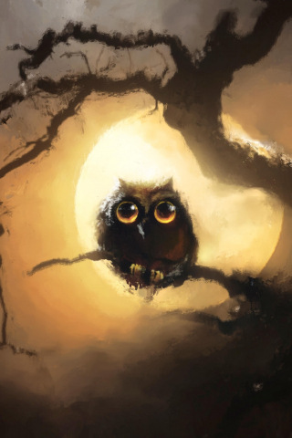 Cute, black owl, night, full moon, art, 240x320 wallpaper