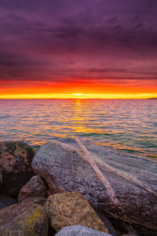 Sunset, rocks, coast, twilight, sea, 240x320 wallpaper