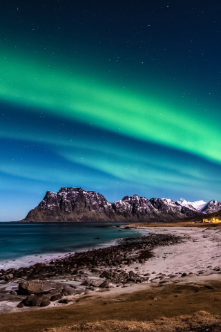 Lofoten islands, Norway, Aurora Borealis, Northern Lights, nature, beach, 240x320 wallpaper