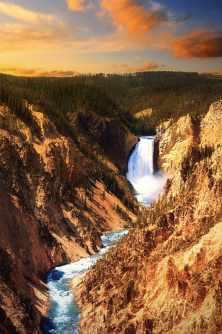 Yellowstone Falls, Grand Canyon of the Yellowstone, Yellowstone national park, sunset, 240x320 wallpaper