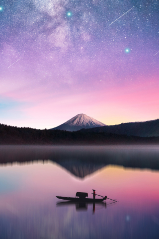 Milky way, mount Fuji, reflections, sunset, lake, 240x320 wallpaper